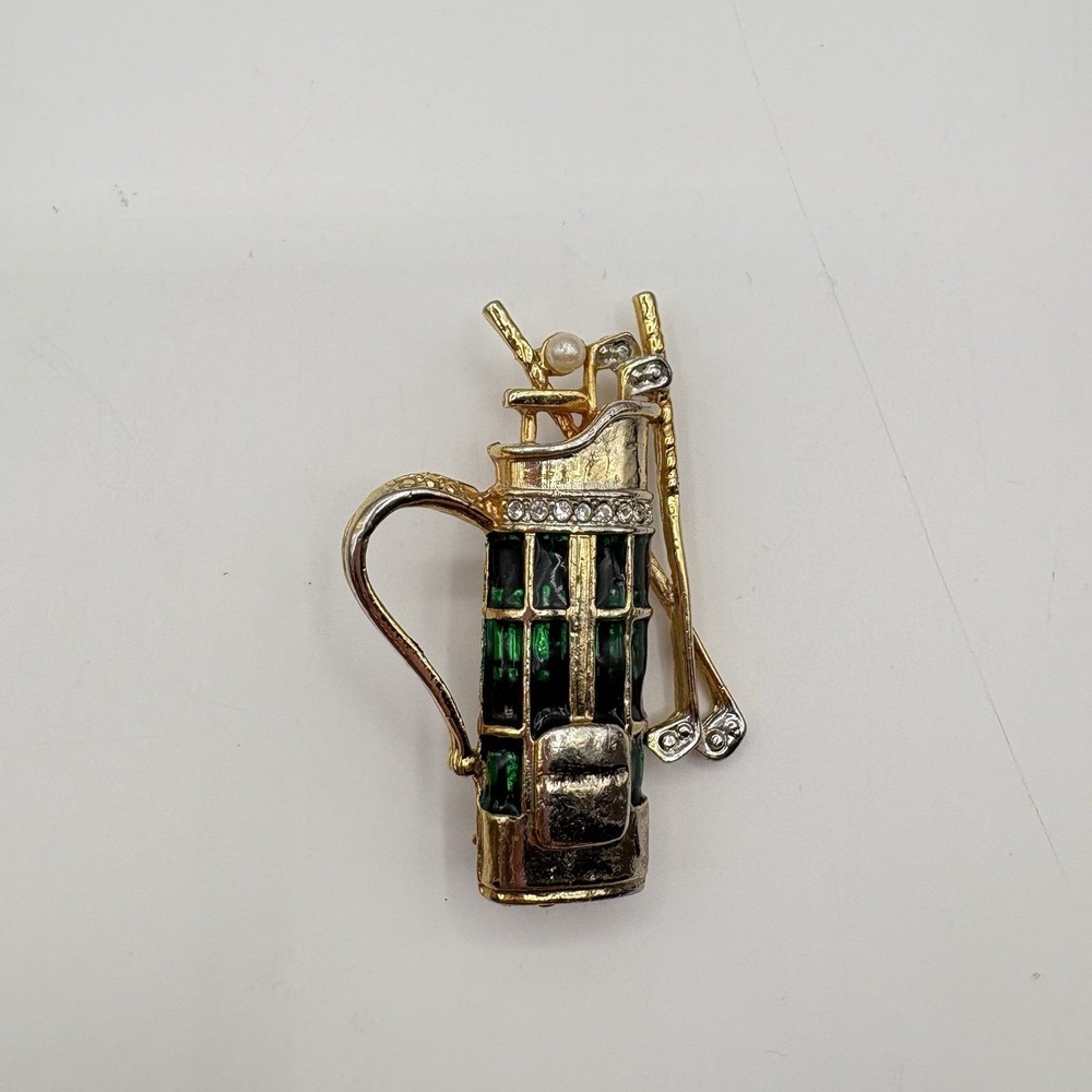 Vintage Golf‎ Bag Brooch Pin Gold Tone Green Rhinestone Clubs Faux Pearl Ball